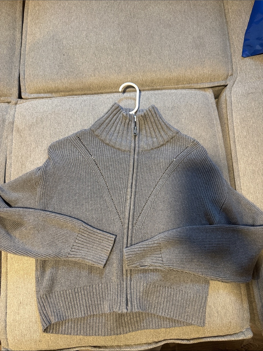 aerie Gray Zip-Up Ribbed Mock Neck Sweater